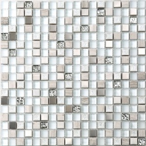 Szuper fehér üveg vegyes kő metró mozaik csempe a fürdőszoba falán