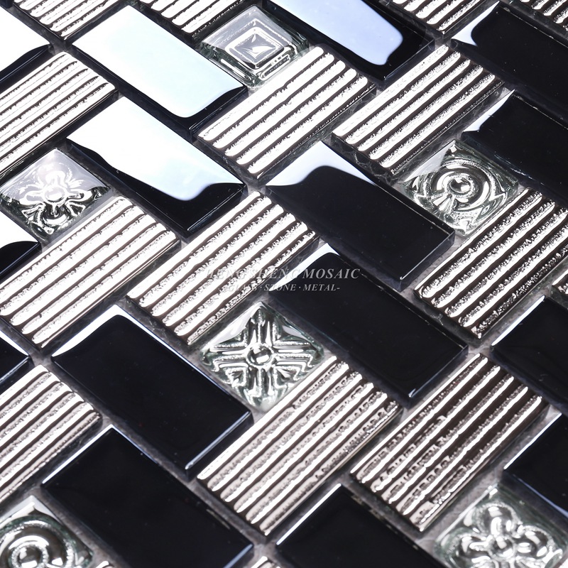HDT01 12x12 négyzet alakú mintázat, fényes fekete és lamellás irizáló üveg mozaik fali dekorációs csempe