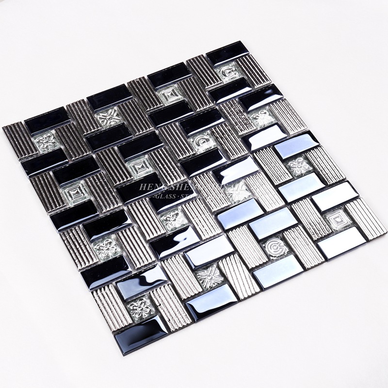 HDT01 12x12 négyzet alakú mintázat, fényes fekete és lamellás irizáló üveg mozaik fali dekorációs csempe