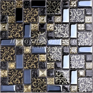 HDT02 Arabesque új design arany vonal laminált fekete üvegművészeti virágmozaik mintás csempe konyhai Backsplash falhoz