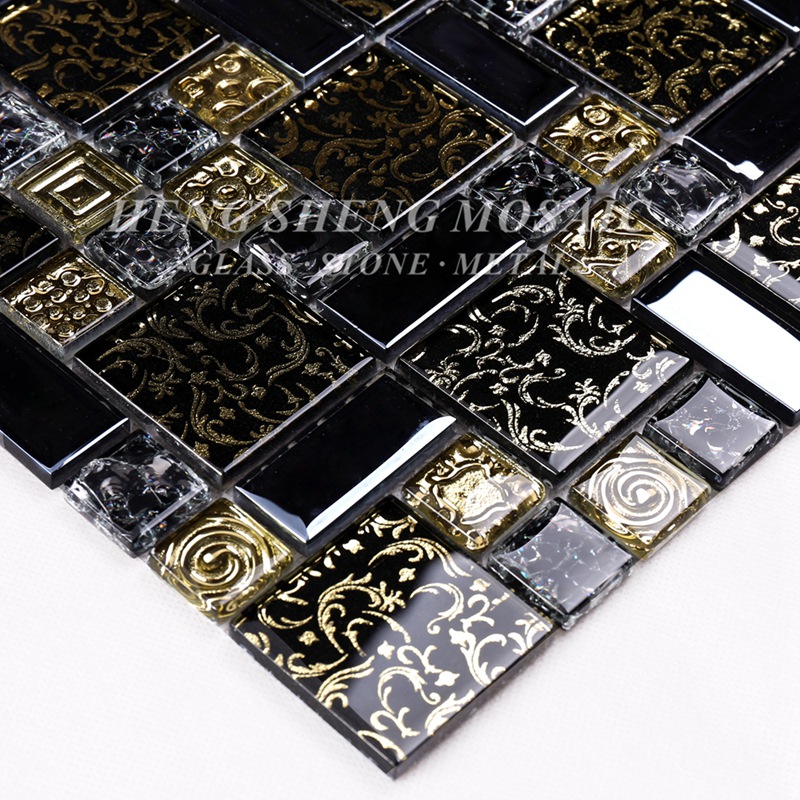 HDT02 Arabesque új design arany vonal laminált fekete üvegművészeti virágmozaik mintás csempe konyhai Backsplash falhoz